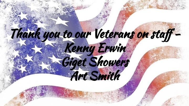 Flag image with a thank you note to our veterans on staff