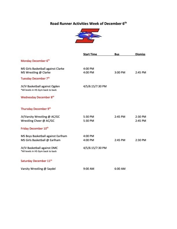 December 6 activities schedule 