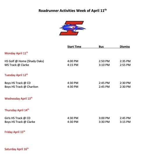 Activities Schedule for the week of April 11