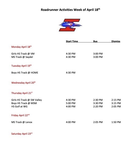 Activities schedule for April 18