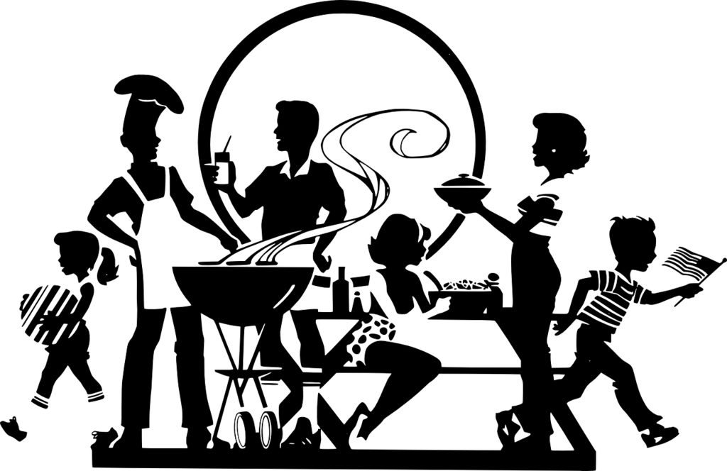 black and white clipart image of people grilling