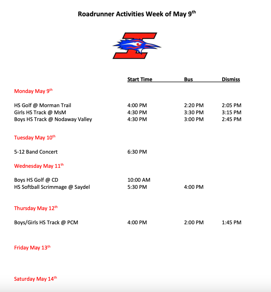 Activity schedule for the week of May 9