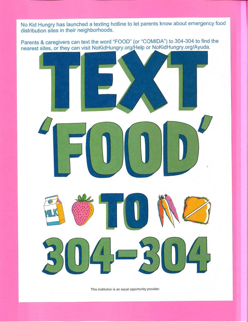 Emergency food distribution center hotline - text FOOD to 304-304