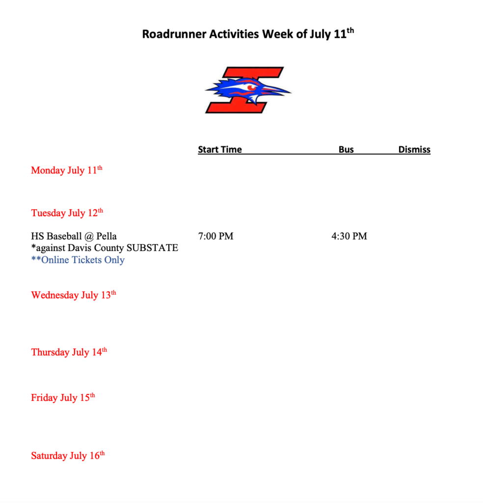 Roadrunner Activities for the week of July 11